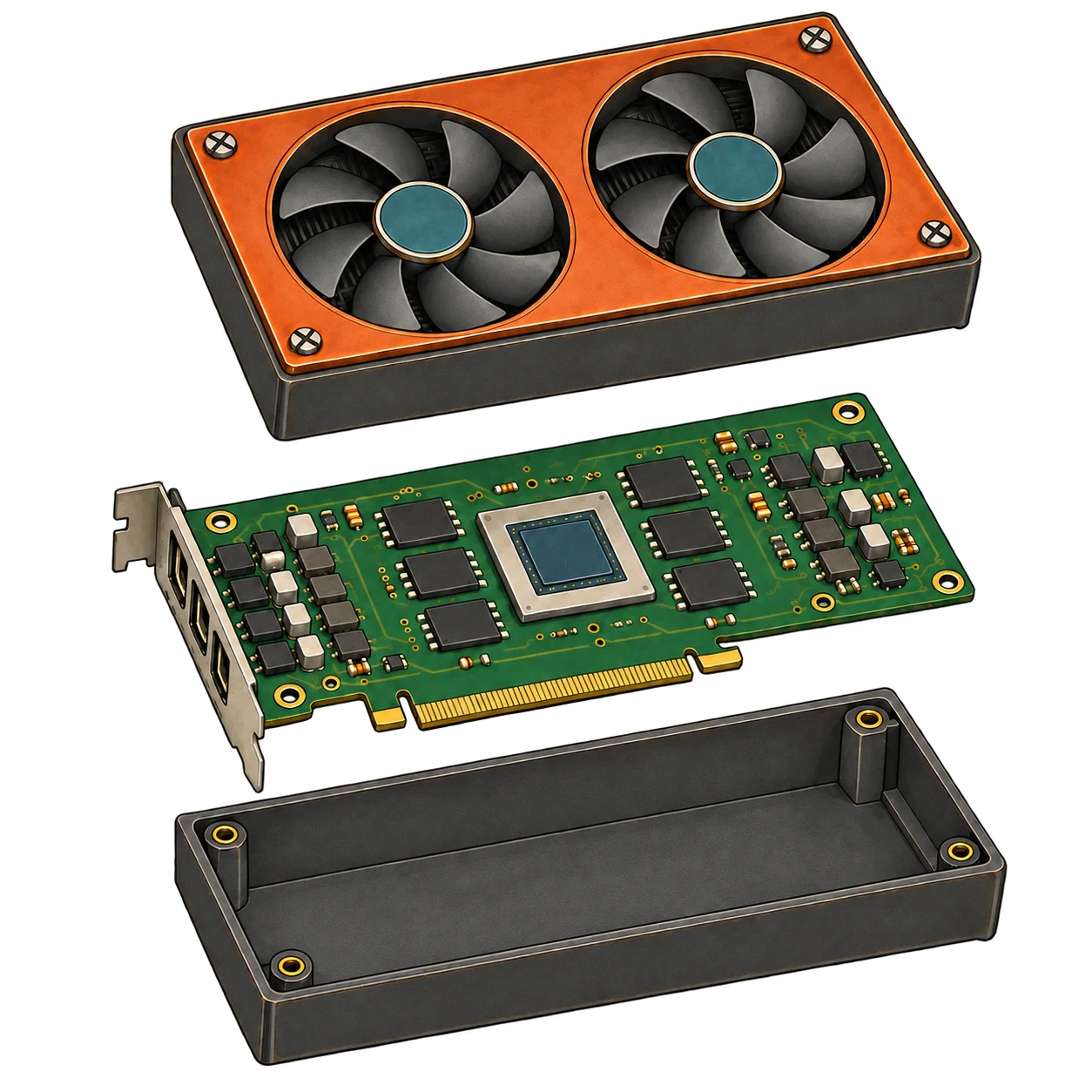 An exploded view of a graphics card from IT THINKS!